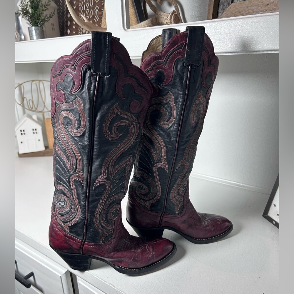 Vintage Larry Mahan Cowboy Boots Womens 5B Burgundy Black Tall Western Boots USA - Picture 2 of 9